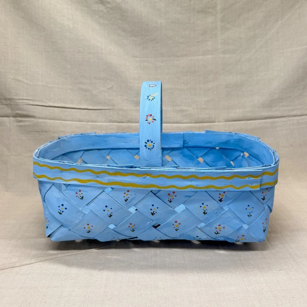 Vintage Blue Hand Painted Basket‎ Cottagecore Storage Easter Gathering Basket